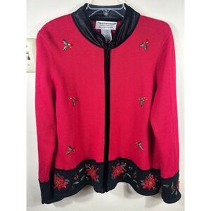 Tiara International Christmas Collection‎ Cardigan Women's XL Beaded Poinsettia